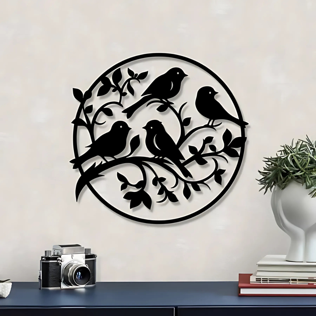 Birds On Branch Circle Round Wall Sign, Wooden Birds Wall Art, Birds Wall Decor